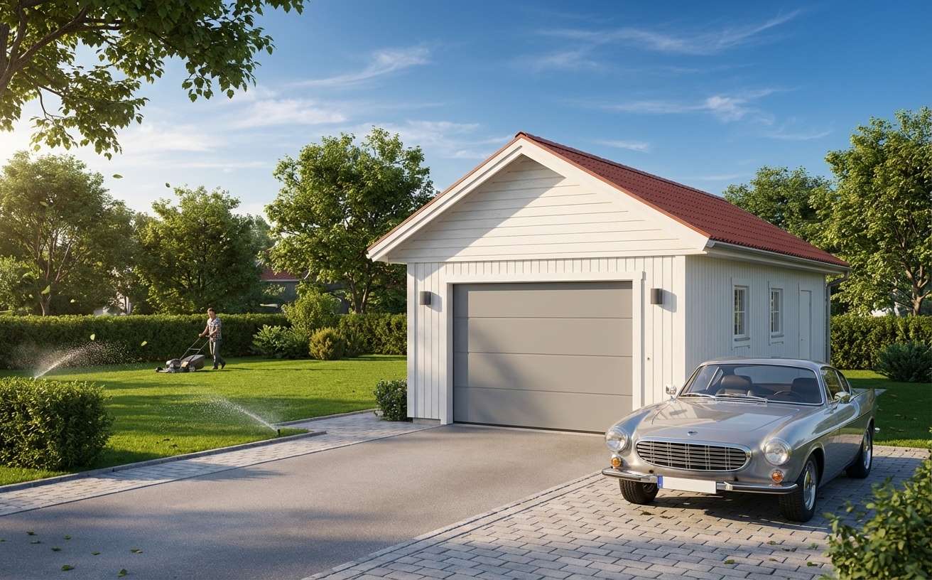 Enkelgarage-Skäran-48m2-4,8x9,6m - Vit sommar