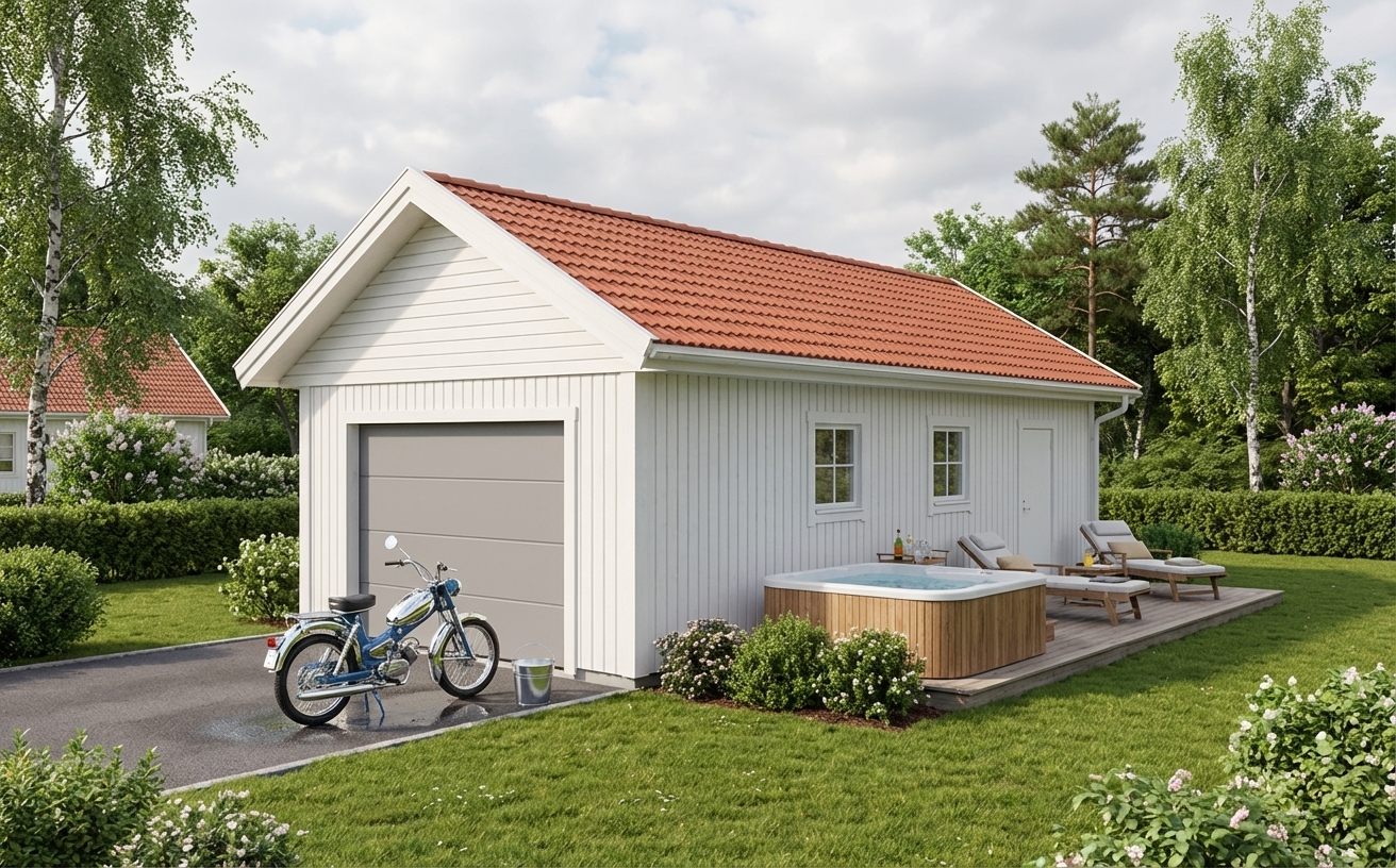 Enkelgarage-Skäran-48m2-4,8x9,6m - Vit